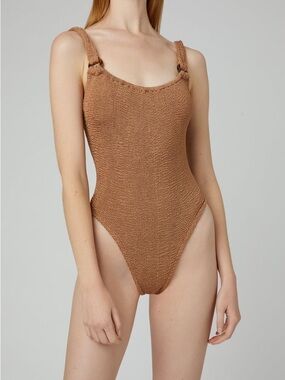 HUNZA G- Women’s Brown One-Piece Swim - Textured Strap Swimsuit